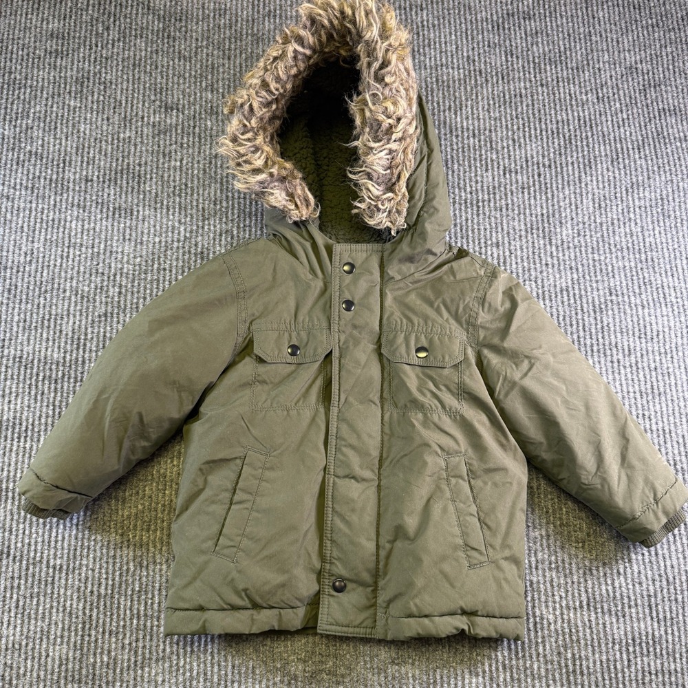 OLD NAVY HOODED PUFFER JACKET 2T OLIVE GREEN POLYESTER FAUX FUR TRIM FLEECE COAT